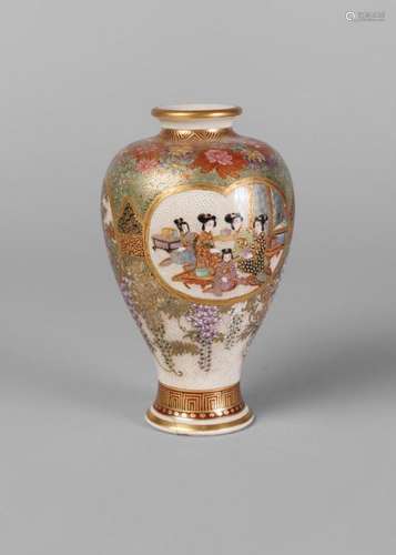 A Japanese Satsuma baluster vase, early 20th century, finely painted with three panels depicting women at court, a landscape, and butterflies amidst orchids, on a ground of wisteria and chrysanthemum, 12.5cm high