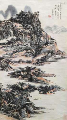HUANG BINHONG (Manner of Chinese, 1864-1955), extensive landscape, ink and colour, hanging scroll, artist's colophon and two seals, painted in Binhong's 87th year, 91cm x 50cm