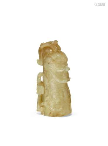 A Chinese pale green jade archaistic rhyton, Ming dynasty, 17th/18th century, carved with a mythical beast's head and a chi-long dragon, carved in low relief with archaistic motifs, the pale, translucent stone with calcite and russet striations, 8.5cm long Provenance: Private UK collection