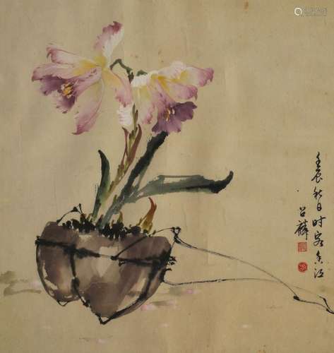 20th century Chinese School, ink and wash on paper, study of orchids, watercolour on paper, signed with artist's seal, and colophon to right, 52cm x 51cm