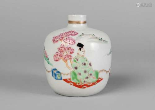 A Japanese porcelain globular jar, early 20th century, painted in enamels with figures seated in a continuous landscape, inscribed to base, 9cm high