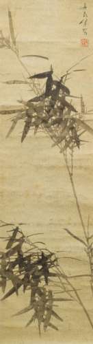 REN FUCHANG (manner of, Chinese, 1834-1893), bamboo, ink and gold fleck on paper, signed and with artist's seal, 111cm x 30cm