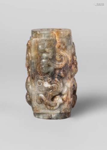 A Chinese hardstone archaistic vase, cong, 20th century, carved with chi-long dragons, 7.5cm long