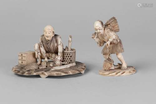 Two Japanese ivory okimono, late 19th century, one carved as a basket-maker, signed to lacquer tab inset to underside, 10cm wide, 7cm high, and a carved okimono depicting a man carrying a basket of fish, 8cm