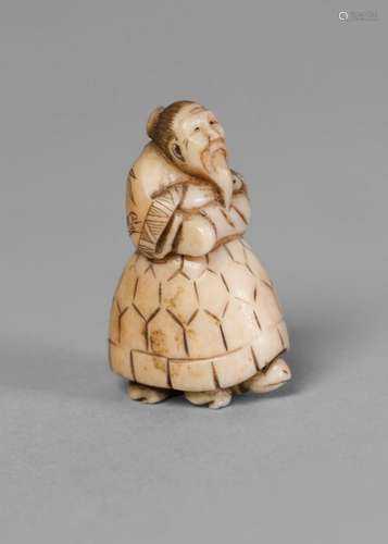 A Japanese ivory netsuke, Meiji period, carved as a man seated on a tortoise, 3.5cm high