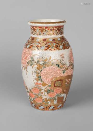 A Japanese Satsuma baluster vase, early 20th century, painted with birds in flight above chrysanthemum blooms, impressed mark to base, 31cm high