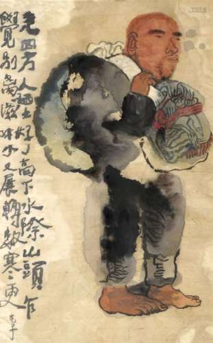 WANG JIANAN (Chinese, b. 1955), standing figure carrying a sack, watercolour on paper, signed and inscribed with colophon, 54cm x 33cm Notes: Born in Heilongjiang Province in 1955, Wang Jianan graduated from the Central Academy of Fine Arts of China in Beijing, 1982. He founded the first independent art studio in China after the Cultural Revolution. Wang inherited the Mi School techniques of the Song Dynasty, and then developed his own unique formula of mixing water and oil to colour both sides