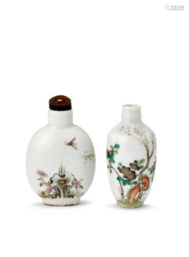 Two Chinese porcelain snuff bottles, 19th century, one of compressed ovoid form, painted with a dragonfly above flowering chrysanthemum issuing from a rock, signed to reverse and with artist's colophon and inscribed 'Ren Zi Qiu Yue' (Autumn Moon in the year of Ren Zi), dating this to 1852, associated hardstone stopper, 7cm high, the other painted in famille rose enamels with blossoming branches, 6.5cm high (lacking stopper)(2)