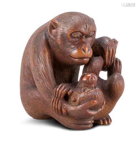 NETSUKE: ZWEI AFFEN. Japan. Meiji-Zeit. Letztes Viertel 19. Jh. Buchsbaum mit fein gravierten