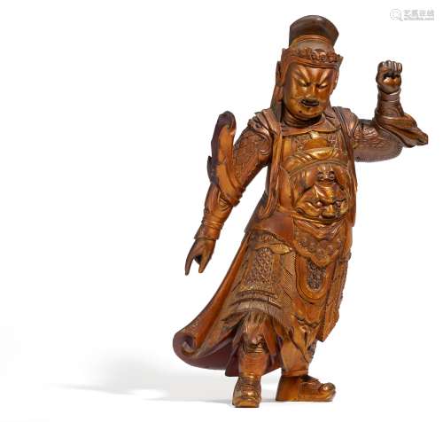 BEEINDRUCKENDER LOKAPALA WELTENWÄCHTER. China. Ming-Dynastie. Holz, geschnitzt, mit Vergoldung und