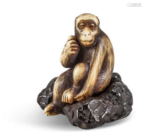 NETSUKE: ÄFFCHEN AUF FELSEN. Japan. Meiji-Zeit. Anfang 20. Jh. Der Affe aus Elfenbein mit gravierten