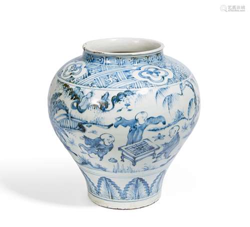 BAUCHIGE VASE MIT GO-SPIELERN. China. Ming-Dynastie. Porzellan, bemalt in Unterglasurblau. Drei