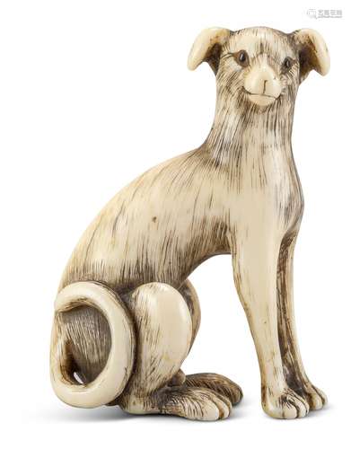 NETSUKE: SITZENDER HUND. Japan. Edo-Zeit. 19. Jh. Elfenbein mit goldgelber Gebrauchspatina, fein