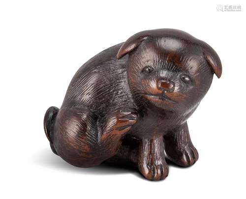 NETSUKE: WELPE. Japan. Edo-Zeit. Frühes 19. Jh. Nagoya-Schule. Buchsbaum mit fein gravierten