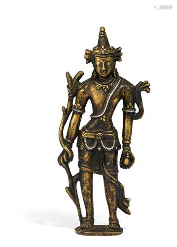 STEHENDER MAITREYA. Tibet/Nepal. 12./13. Jh. Pala-Stil. Gelbliche Bronze mit Silber- und