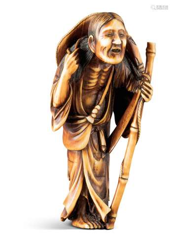 NETSUKE: ONO NO KOMACHI. Japan. Meiji-Zeit. Spätes 19. Jh. Elfenbein mit sehr fein geschnitzten