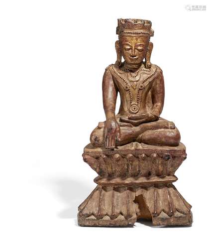 BUDDHA IN KÖNIGLICHEM ORNAT. Myanmar/Burma. 18./19. Jh. Ava-Stil. Holz mit Lack und Resten von