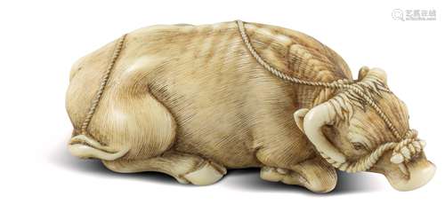 NETSUKE: LIEGENDER OCHSE. Japan. Edo-Zeit. 19. Jh. Elfenbein mit fein gravierten Details, dunkel