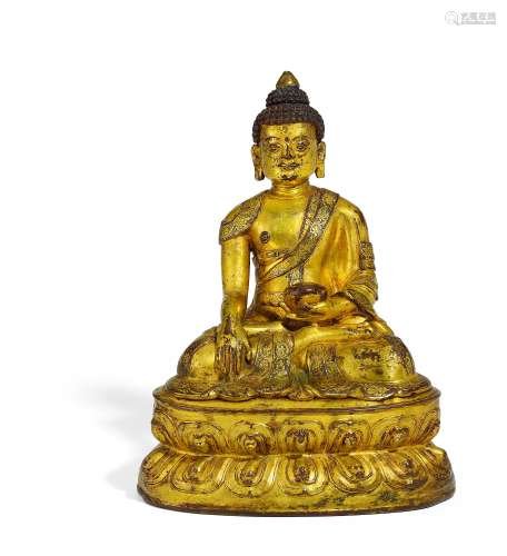 BUDDHA SHAKYAMUNI. Tibet. Ca. 16. Jh. Vergoldete Bronze mit feiner Ziselierung, Reste von kultischer