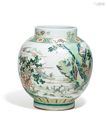 BAUCHIGE VASE MIT GELEHRTEN UND KRANICH IN GEBIRGSLANDSCHAFT. China. Porzellan in famille verte.