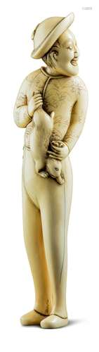 NETSUKE: HOLLÄNDER MIT KANINCHEN. Japan. Edo-Zeit. 18. Jh. Elfenbein. Seltene, großartige Figur