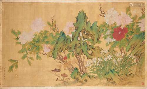 PÄONIEN, NARZISSEN UND LINGZHI-PILZE. China. Im Stil von Jiang Tingxi (1669-1732), aber wohl später.