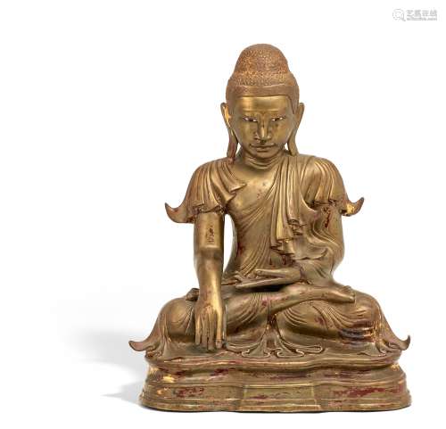 BUDDHA SHAKYAMUNI. Myanmar/Burma. 19./20. Jh. Bronze mit Resten von rotem Lack und Vergoldung, Augen