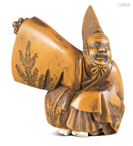 NETSUKE: SAMBASO TÄNZER. Japan. Meiji-Zeit. Letztes Drittel 19. Jh. Buchsbaum mit sehr fein