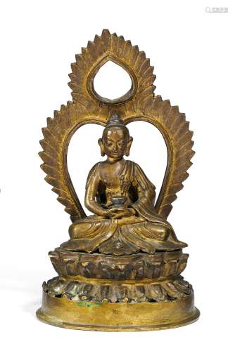 BUDDHA AMITABHA. Tibet/Nepal. 19. Jh. Bronze mit Resten von Bemalung. Sitzend in padmasana und in