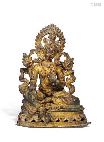 WEIßE TARA AUF LOTOSSOCKEL. Nepal. 19. Jh. Bronze mit Resten von Vergoldung und Pigmenten. Figur