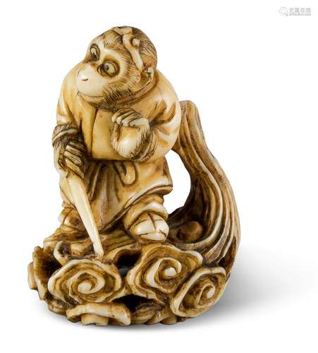 NETSUKE: SON GOKU. Japan. Edo-Zeit. 1. H. 19. Jh. Elfenbein mit fein geschnitzten und gravierten