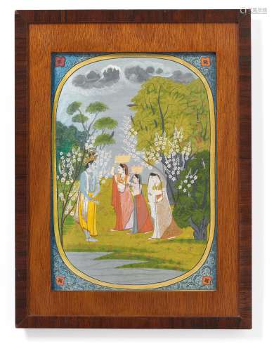 KRISHNA TRIFFT RADHA IM GARTEN. Moghul-Indien. Sp. 18./fr. 19. Jh. Farben auf Papier mit teils