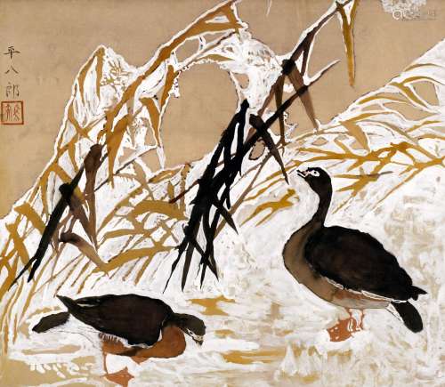 FUKUDA, HEIHACHIRÔ 1892 - 1974. Wildgänse und Schilf (Rogan zu). Japan. Tusche und Farben auf