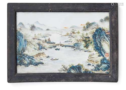 PORZELLANPLATTE MIT LANDSCHAFT. China. 20. Jh. Im Stil von Wang Ye Ting, einer der Acht Freunde