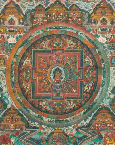 GRÖßERES THANGKA MIT MANDALA. Tibet/Nepal. 19./20. Jh. Farben und Gold auf Gewebe. Mit