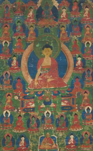 THANGKA MIT DEN 35 BEKENNTNISBUDDHA. Tibet/Nepal. 18./19. Jh. Pigmente und Gold auf Gewebe. Mit