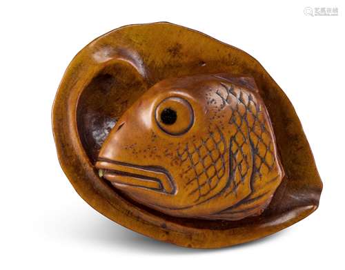 NETSUKE: AWABI MUSCHEL MIT FISCHKOPF. Japan. Edo-Zeit. 1. H. 19. Jh. Buchsbaum. Awabi (Abalone)