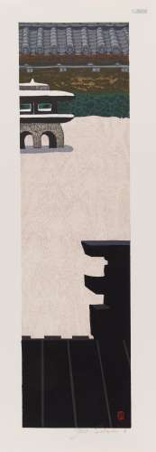 HOLZSCHNITT: STEINGARTEN MIT LATERNE. Japan. Shôwa-Zeit. Nishiki-e, Mokumezuri. 63,1 x 22,8cm.
