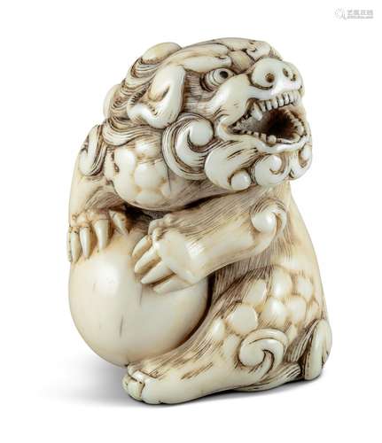 NETSUKE: SHISHI MIT BALL. Japan. Edo-Zeit. Mitte 18. Jh. Mächtiger Shishi sitzend, den Kopf