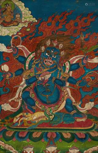 THANGKA DES SADBHUJA MAHAKALA. Tibet/Nepal. 19./20. Jh.. Pigmente und Gold auf Gewebe. Mit