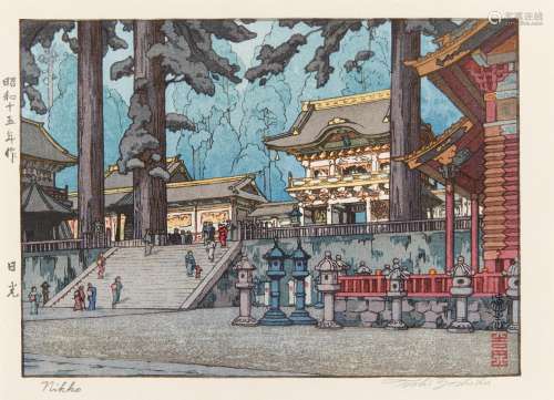 HOLZSCHNITT: NIKKO. Japan. Shôwa-Zeit. 1940. Nishiki-e. Das Yômei-mon (Eingangstor) des Tôshô-gû