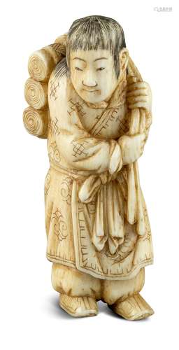 NETSUKE: STOFFHÄNDLER. Japan. Edo-Zeit. 2. H. 19. Jh. Elfenbein mit fein geschnitzten, gravierten