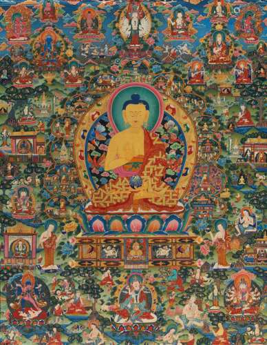 SEHR GROßES THANGKA DES BUDDHA SHAKYAMUNI MIT STATIONEN SEINES LEBENS. Nepal. Farben und Gold auf