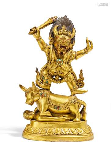 YAMA. Tibet. 18. Jh. Bronze mit Feuervergoldung, Resten kultischer Bemalung und Steinbesatz. Die