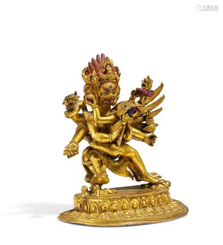 VAJRAKILAYA MIT DIPTA CHAKRA. Tibet. 19. Jh. Bronze mit Feuervergoldung und Reste von Kaltgold-