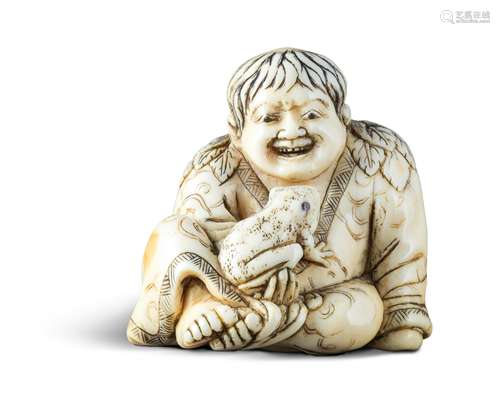 NETSUKE: SENNIN GAMA. Japan. Edo-Zeit. 18. Jh. Jugendlicher Sennin Gama, fröhlich lachend über die