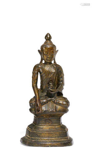 MEDIZINBUDDHA. Burma/Myanmar. 17./18. Jh. Ava-Stil. Bronze mit dunkler Patina und Resten von