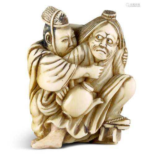 NETSUKE: ÖLDIEB. Japan. Meiji-Zeit. Spätes 19. Jh. Elfenbein mit dunkel eingefärbten Details, schöne