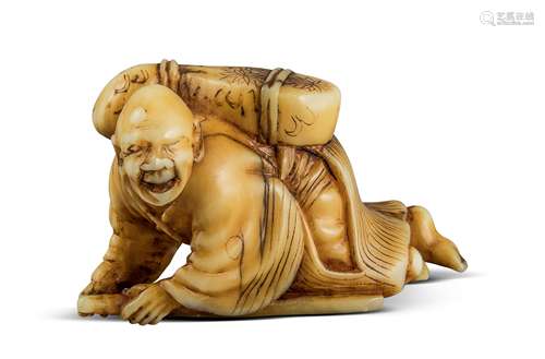 NETSUKE: BLINDER MUSIKANT. Japan. Edo-Zeit. 19. Jh. Elfenbein mit fein geschnitzten und gravierten