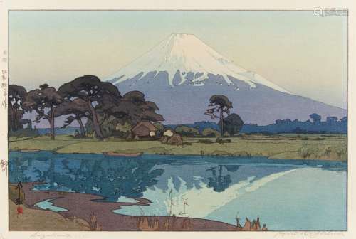 HOLZSCHNITT: SUZUKAWA. Japan. Shôwa-Zeit. 1935. Nishiki-e. Der Fuji vom Ufer des Suzu-Flusses aus